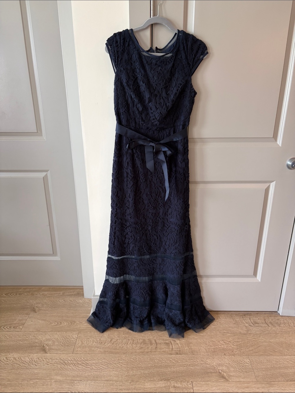 Adrianna Papell Navy Lace Maxi Dress with Ribbon Waist